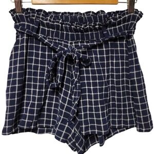 BP Plaid Paperbag Waist Shorts Juniors Size XS Navy Blue Windowpane Cotton Blend